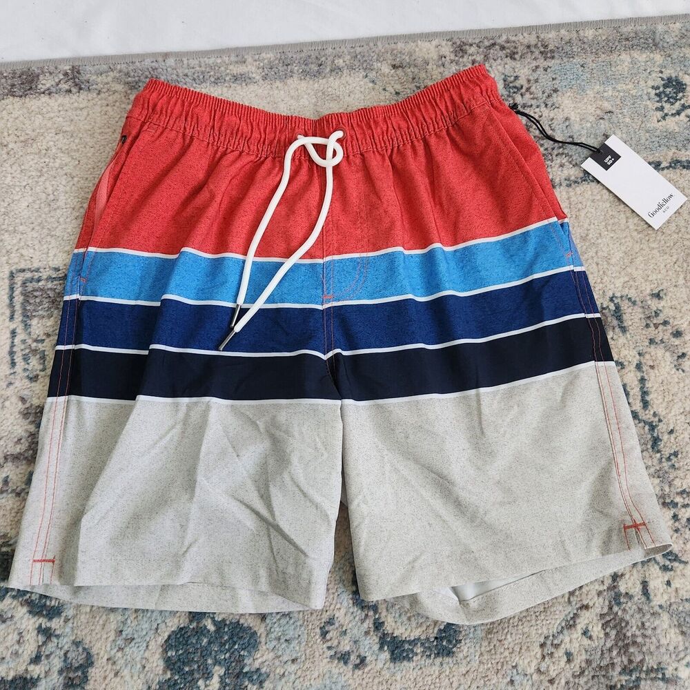 Goodfellow Mens Small 7" Striped Board Shorts Liner Swim Trunks Red Blue Stretch